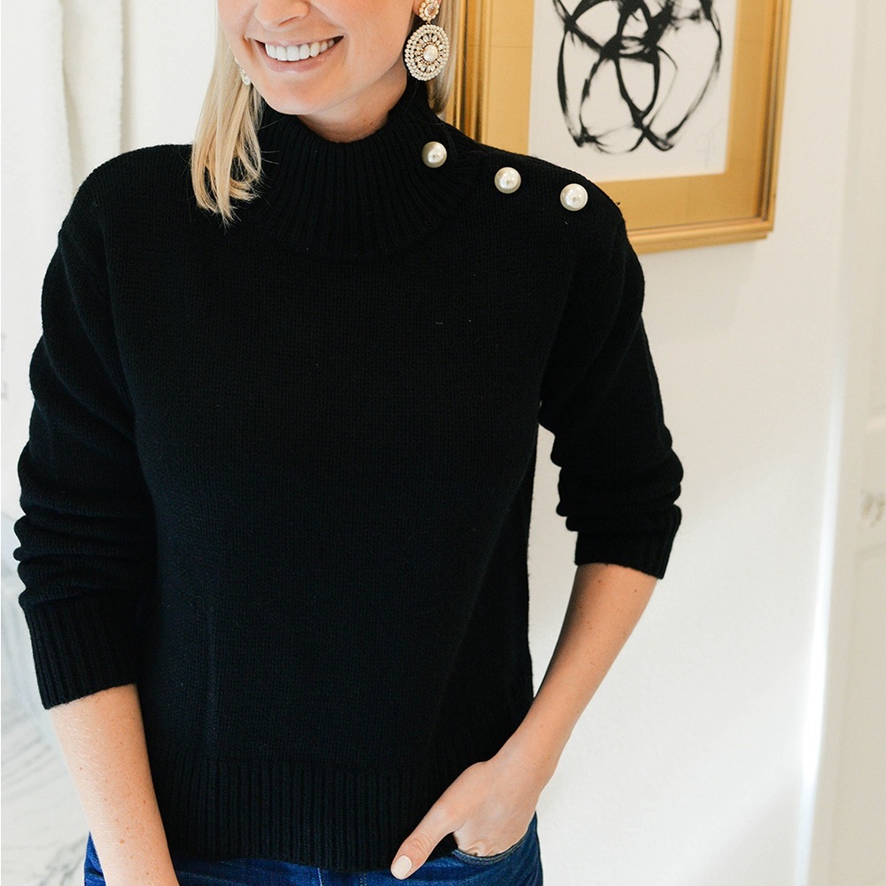 KATE SPADE BROOME STREET Black Mockneck Sweater with Pearl Trim
